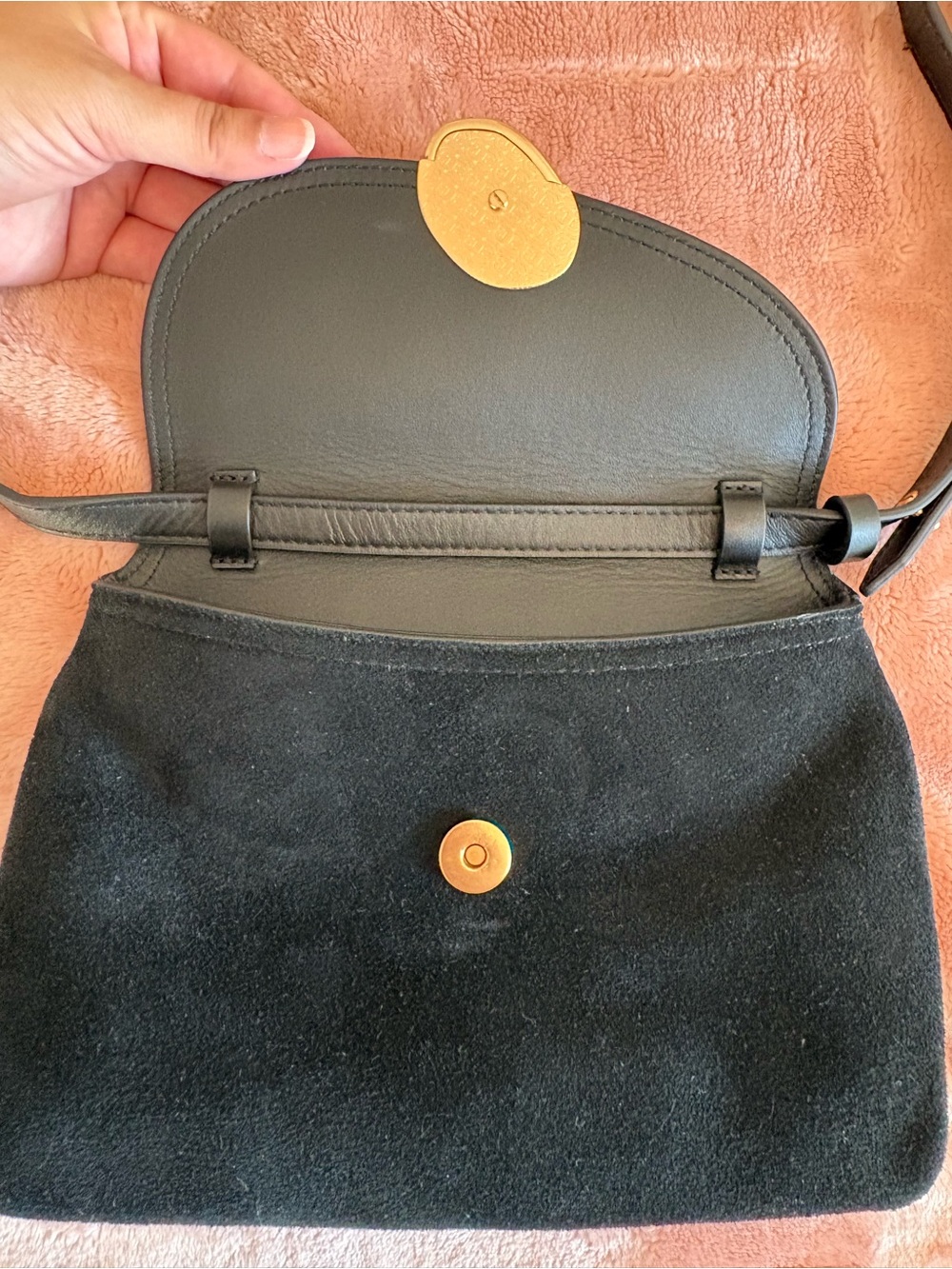 Sam Edelman Black Suede Shoulder Bag Gold Hardware Adjustable Strap - Picture 8 of 11